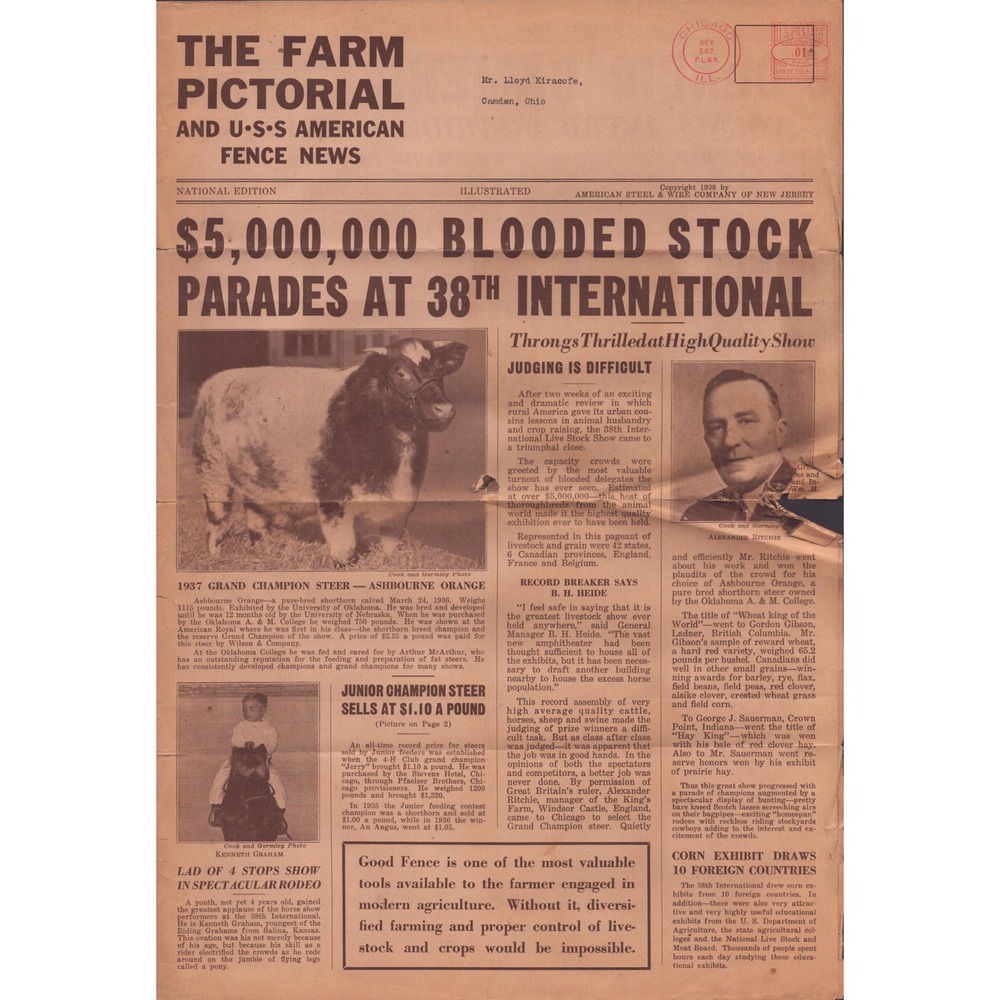 1938 The Farm Pictorial USS American Fence News Newspaper Livestock Show 11x16 - Picture 1 of 2